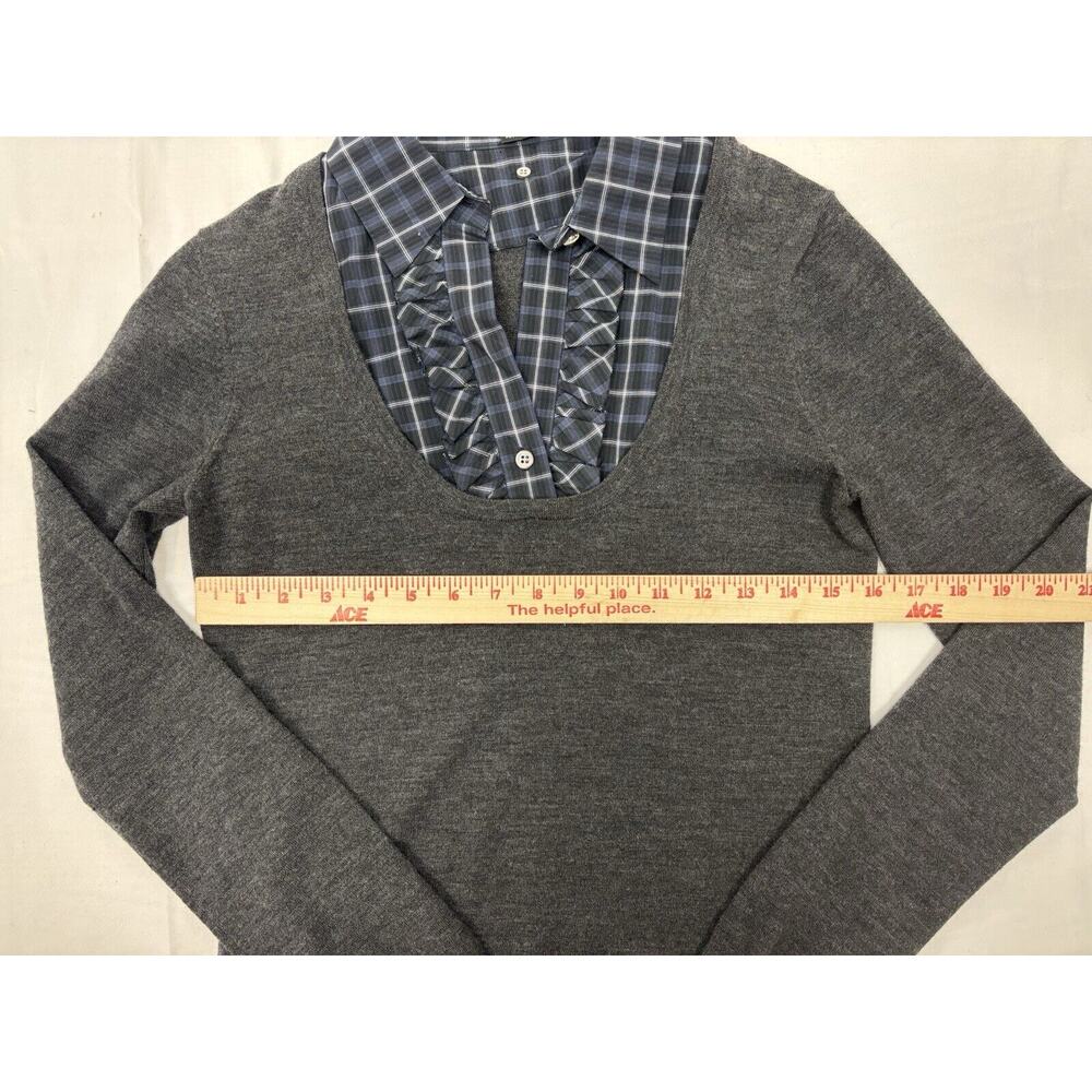 Theory Sweater Women's Medium Black Blue Plaid Ruffle Attached Shirt Collar Wool - Picture 8 of 13